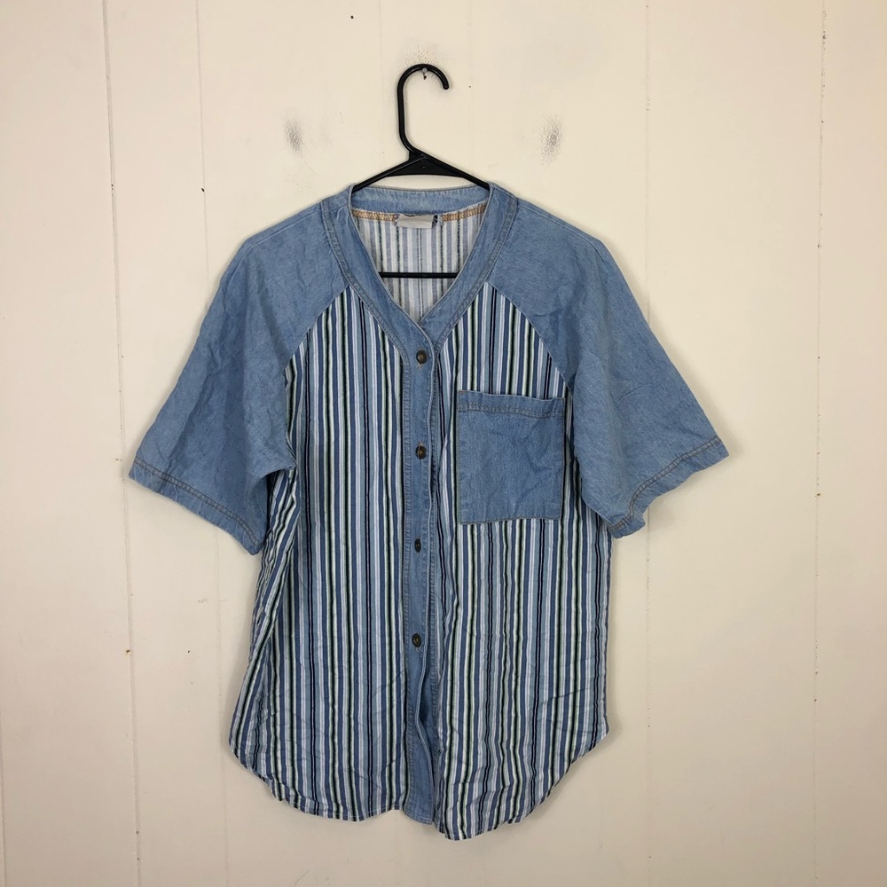 Vintage Striped Short Sleeve Denim Button Down Sz L - Picture 2 of 12